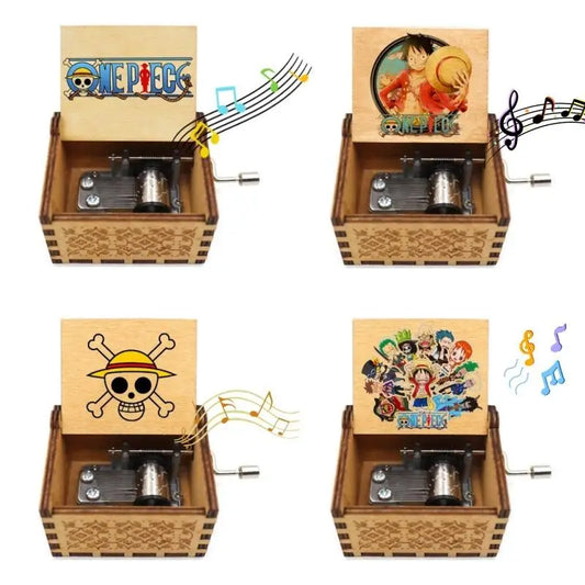 Wooden Music Box Anime One Piece Luffy Zoro Pattern Hand Cranked Home Decoration Carved Musical Box