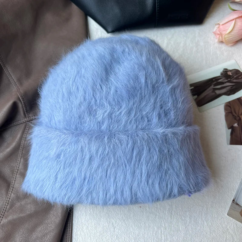 Fashion Fur Y2k Beanies Women Soft Warm Fluffy Angola Winter Knitted Hat