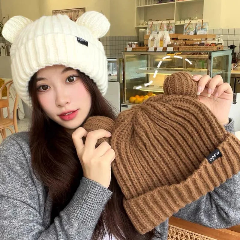 Cute Bear Ear Knitted Wool Hat Women Fashion Hooded