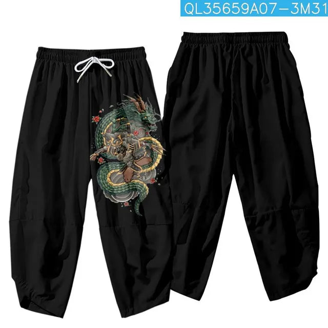 Anime Dragon Printed Black Men Japanese Harem Trousers Casual Elastic Waist Kimono Cropped Pants