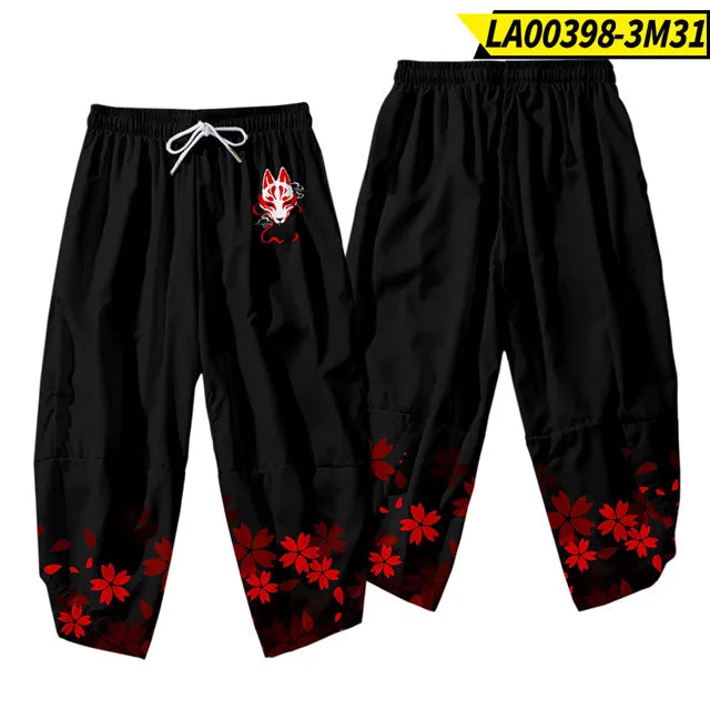 Anime Dragon Printed Black Men Japanese Harem Trousers Casual Elastic Waist Kimono Cropped Pants