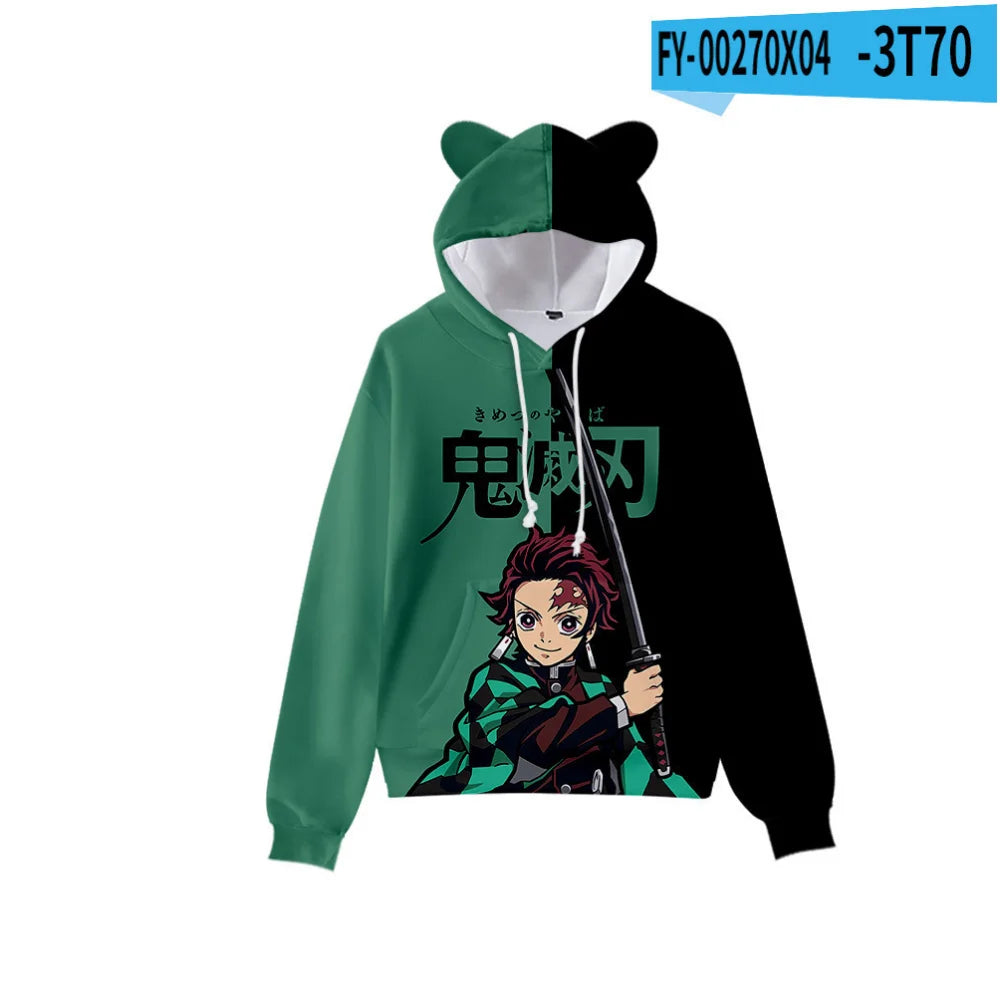 Japan Anime Demon Slayer Print Pullover Cute Cat Ears Hoodies