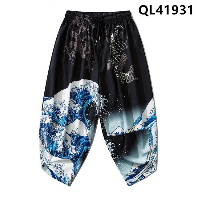 Anime Dragon Printed Black Men Japanese Harem Trousers Casual Elastic Waist Kimono Cropped Pants