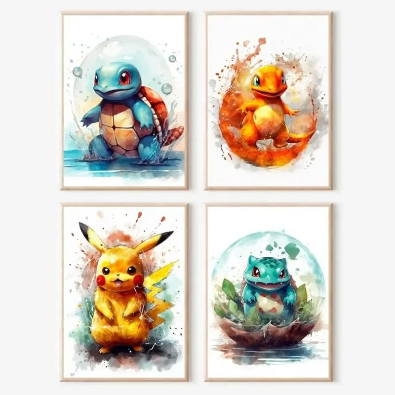 Anime Pokemon Canvas Painting Bulbasaur Charmander Squirtle Poster and Print Watercolor Wall Art