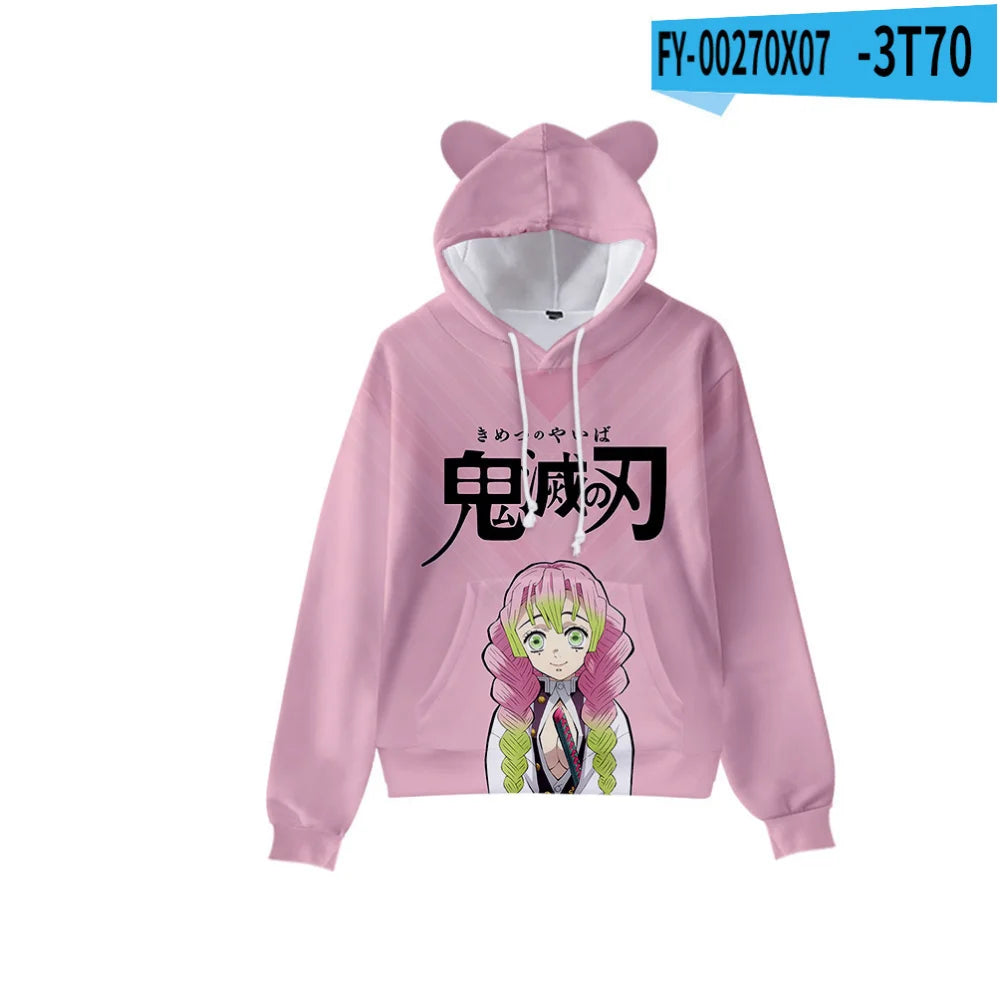 Japan Anime Demon Slayer Print Pullover Cute Cat Ears Hoodies