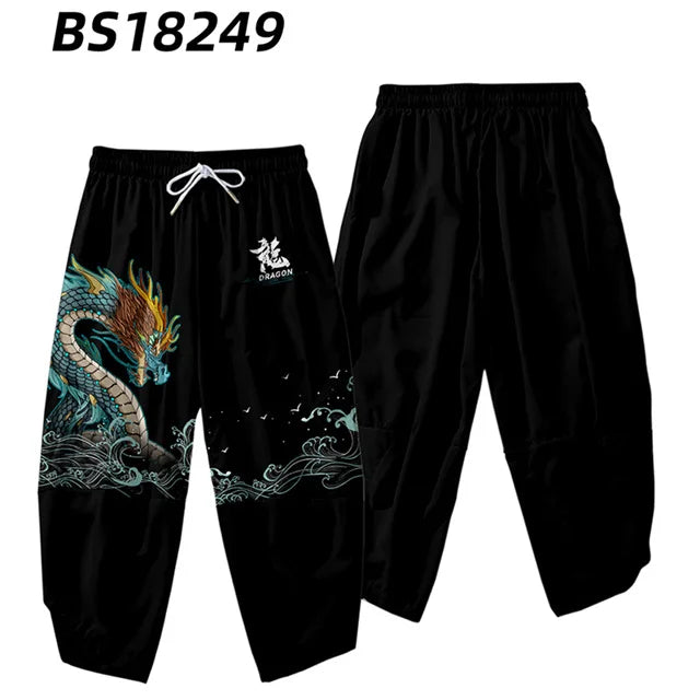 Anime Dragon Printed Black Men Japanese Harem Trousers Casual Elastic Waist Kimono Cropped Pants