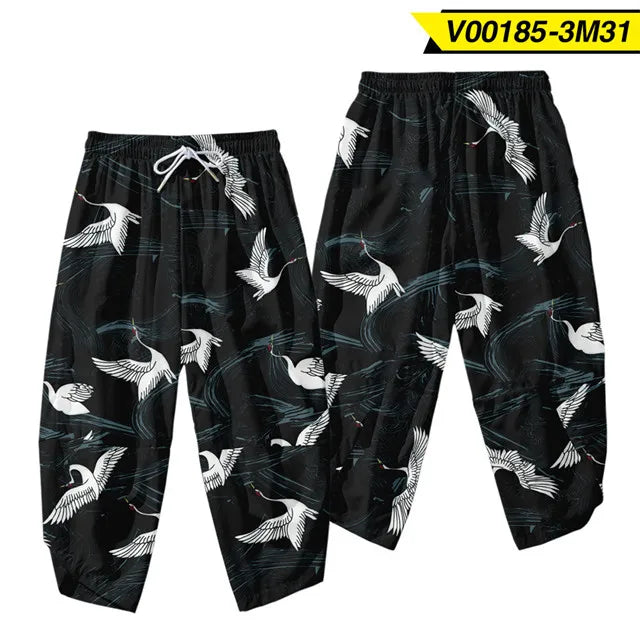 Anime Dragon Printed Black Men Japanese Harem Trousers Casual Elastic Waist Kimono Cropped Pants