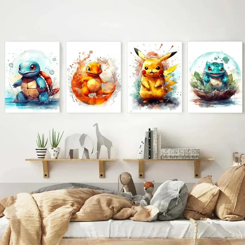 Anime Pokemon Canvas Painting Bulbasaur Charmander Squirtle Poster and Print Watercolor Wall Art