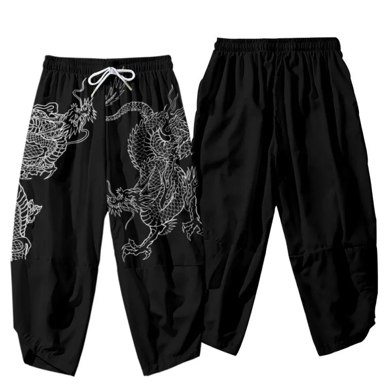 Anime Dragon Printed Black Men Japanese Harem Trousers Casual Elastic Waist Kimono Cropped Pants