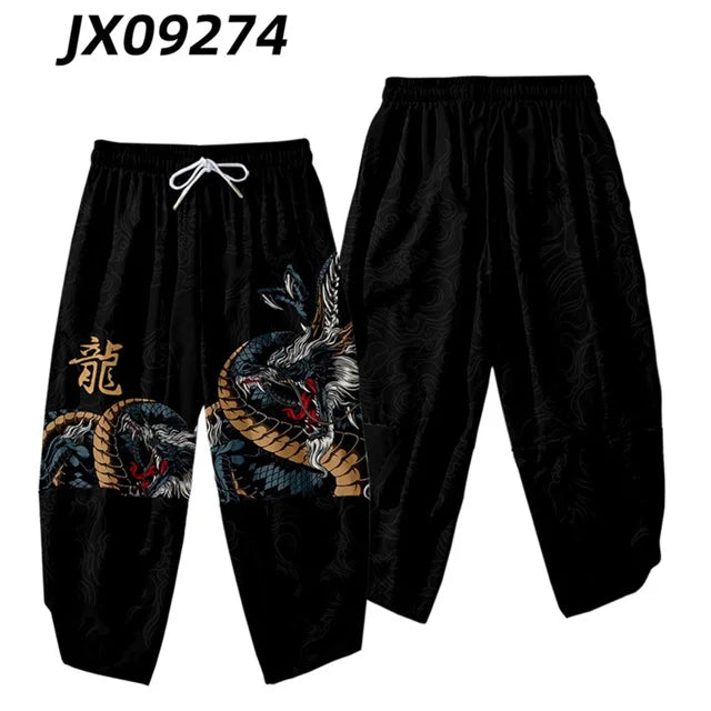 Anime Dragon Printed Black Men Japanese Harem Trousers Casual Elastic Waist Kimono Cropped Pants