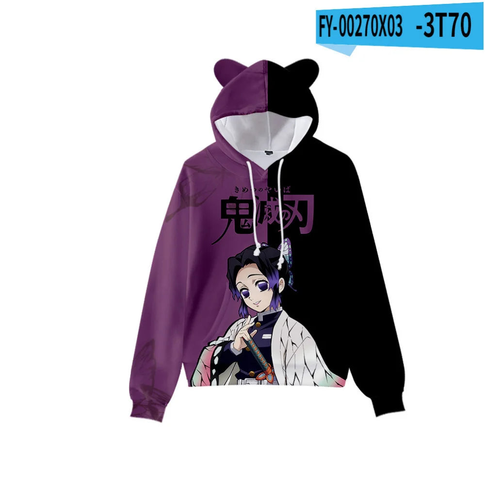 Japan Anime Demon Slayer Print Pullover Cute Cat Ears Hoodies