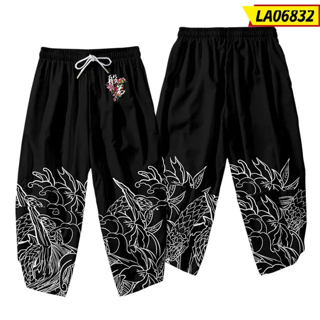 Anime Dragon Printed Black Men Japanese Harem Trousers Casual Elastic Waist Kimono Cropped Pants