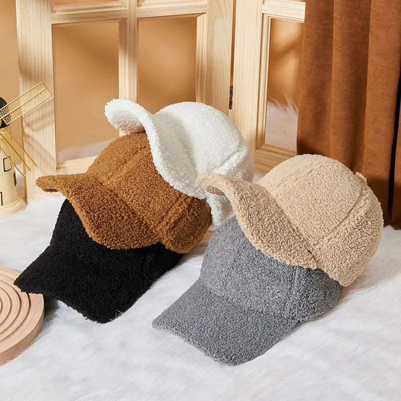 Winter Women Baseball Cap Men Artificial Lamb Wool Duck Tongue Hats Plush Thickened