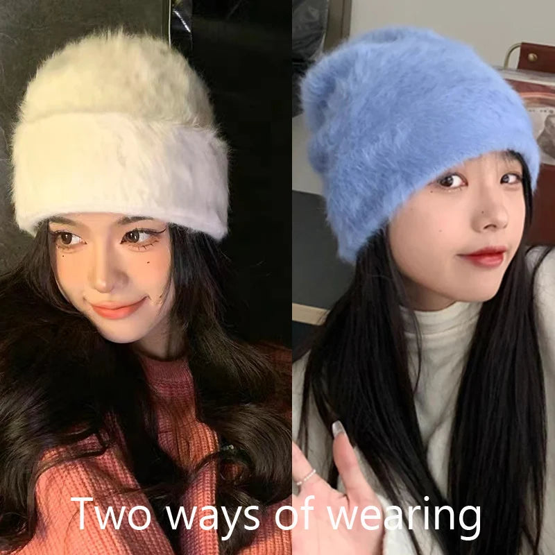 Fashion Fur Y2k Beanies Women Soft Warm Fluffy Angola Winter Knitted Hat