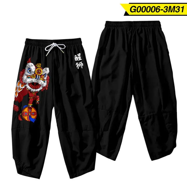 Anime Dragon Printed Black Men Japanese Harem Trousers Casual Elastic Waist Kimono Cropped Pants