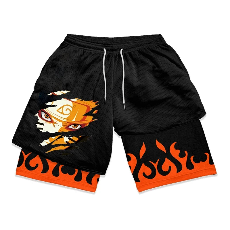 Men's Shorts 2 In 1 Bilayer Shorts Anime Sports Fitness Running Performance Shorts Print Casual Breathable Drawstring Shorts