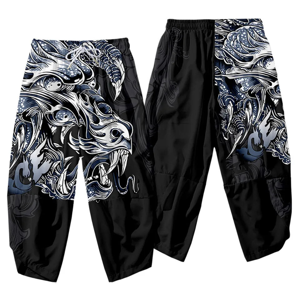 Anime Dragon Printed Black Men Japanese Harem Trousers Casual Elastic Waist Kimono Cropped Pants