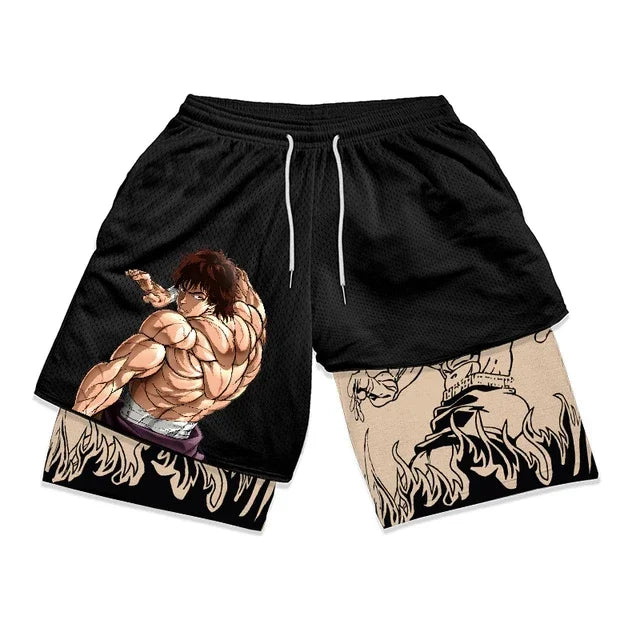 Baki Hanma Anime Gym Workout Shorts for Men Athletic 2 in 1 Compression Shorts Breathable Activewear Fitness Training Running