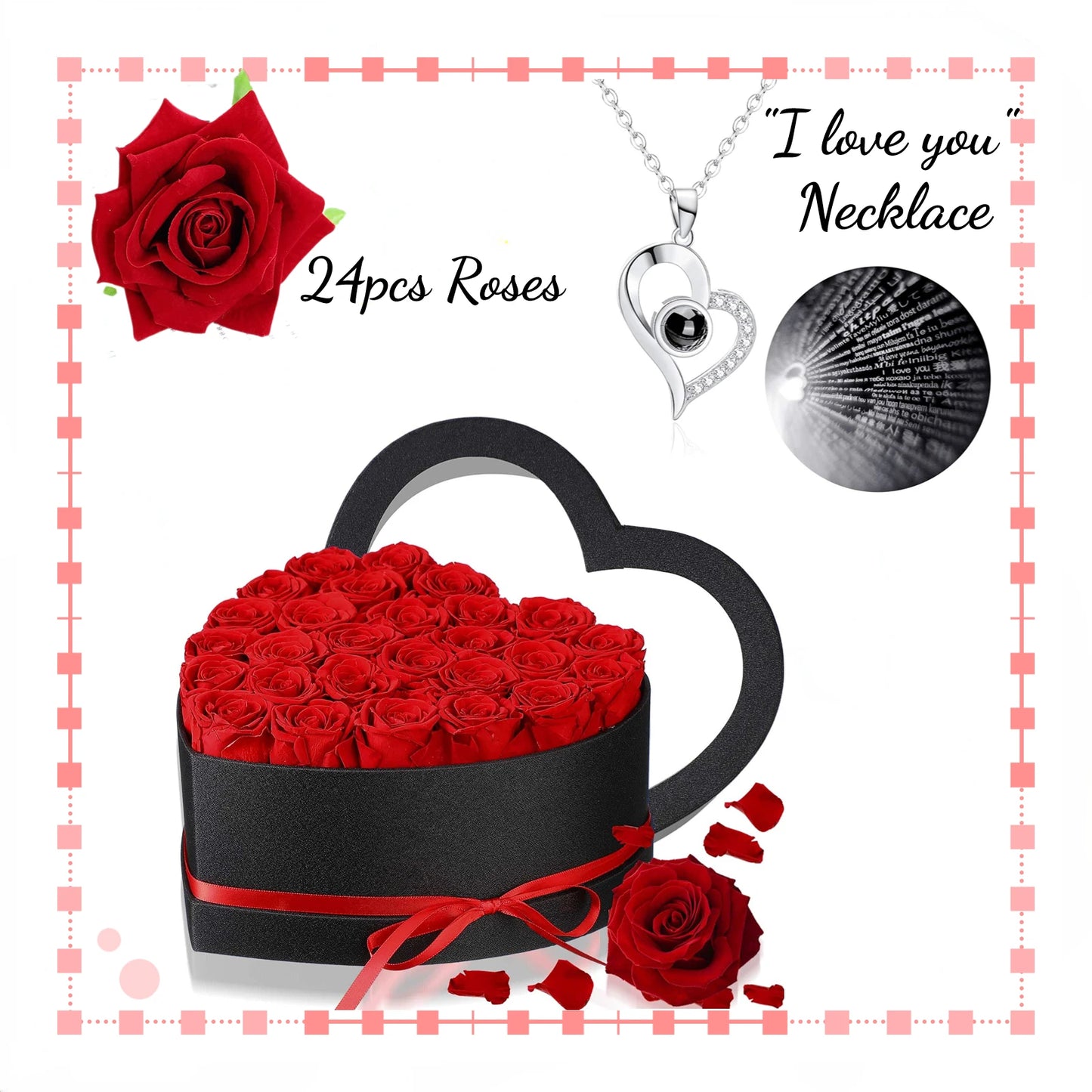 🌹 24pcs Artificial Rose Bouquet in Heart-Shaped Gift Box + "I Love You" Necklace