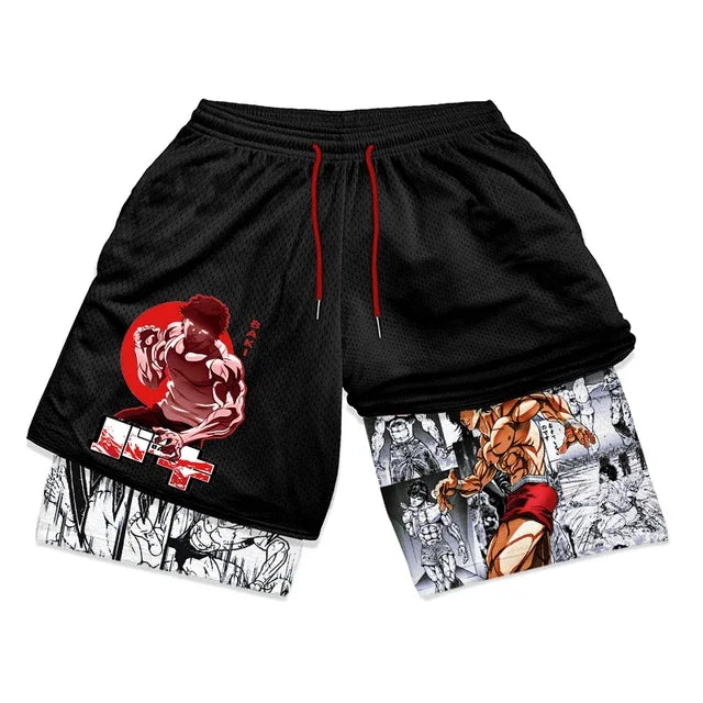 Baki Hanma Anime Gym Workout Shorts for Men Athletic 2 in 1 Compression Shorts Breathable Activewear Fitness Training Running