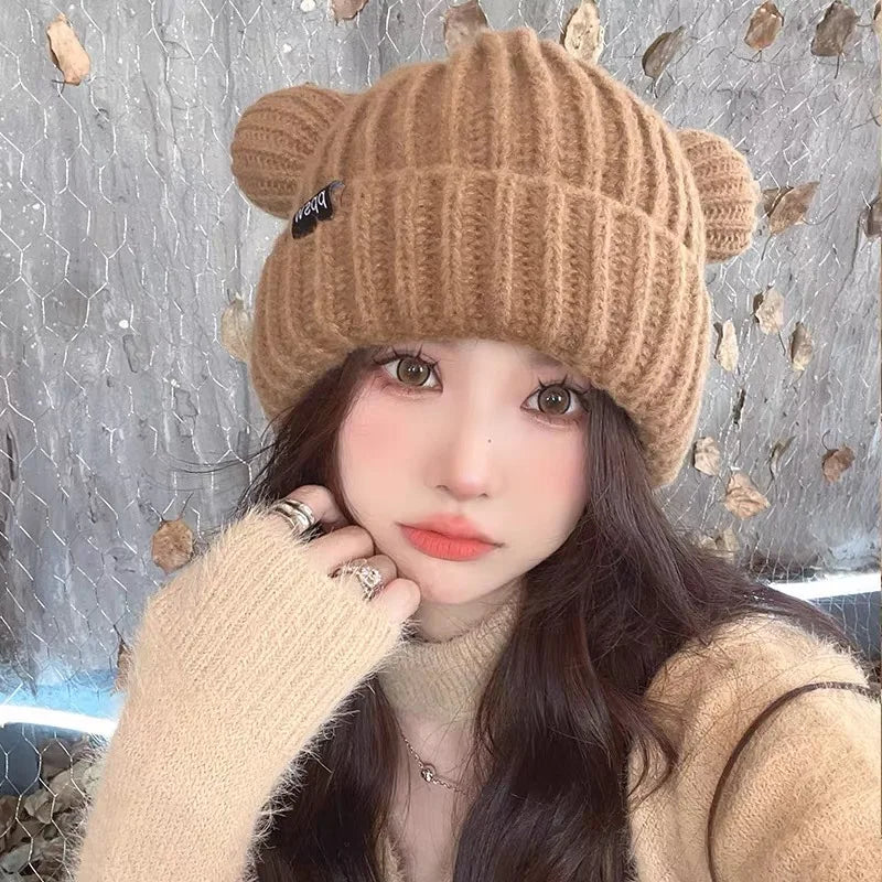 Cute Bear Ear Knitted Wool Hat Women Fashion Hooded