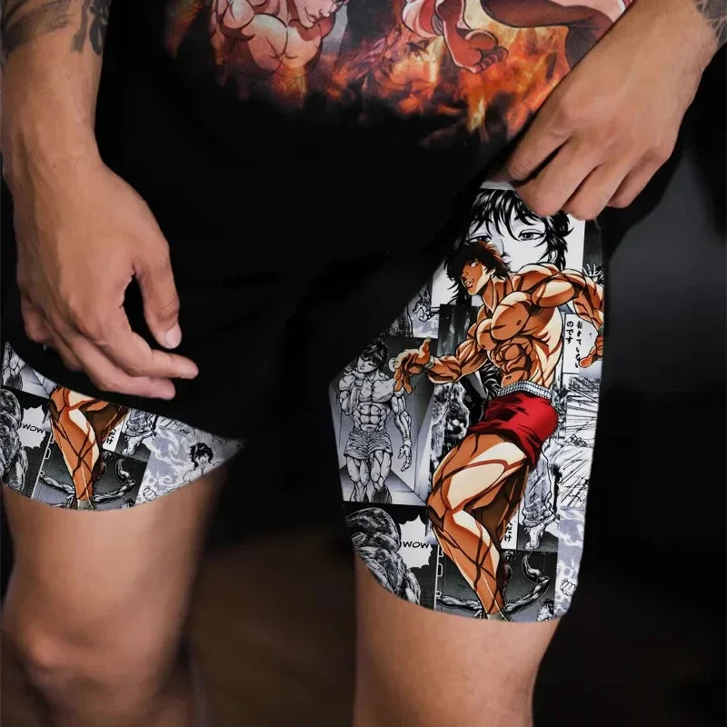 Baki Hanma Anime Gym Workout Shorts for Men Athletic 2 in 1 Compression Shorts Breathable Activewear Fitness Training Running