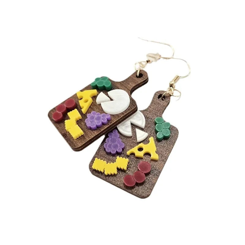 Creativity Dining plate dish Earrings Fruit Food Design Pizza Grape Cheese Biscuits shape Wooden Eardrop