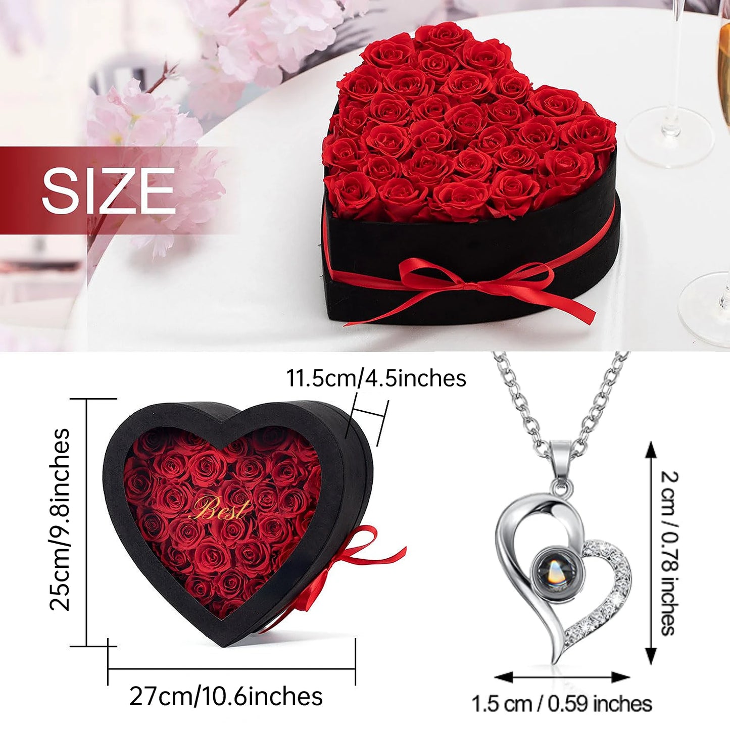 🌹 24pcs Artificial Rose Bouquet in Heart-Shaped Gift Box + "I Love You" Necklace