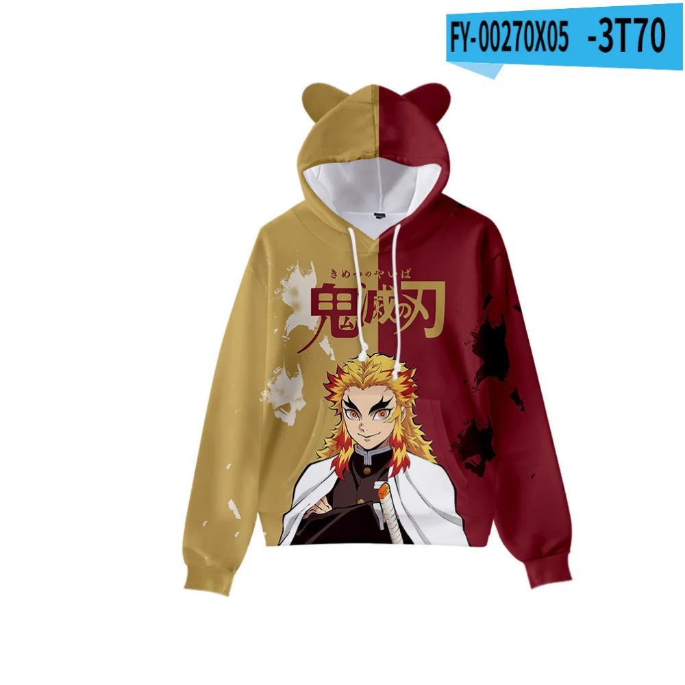 Japan Anime Demon Slayer Print Pullover Cute Cat Ears Hoodies