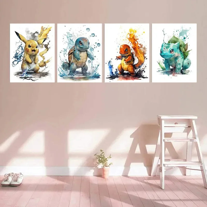 Anime Pokemon Canvas Painting Bulbasaur Charmander Squirtle Poster and Print Watercolor Wall Art