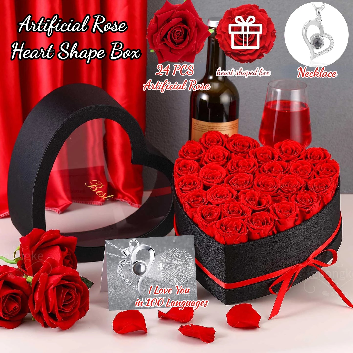 🌹 24pcs Artificial Rose Bouquet in Heart-Shaped Gift Box + "I Love You" Necklace