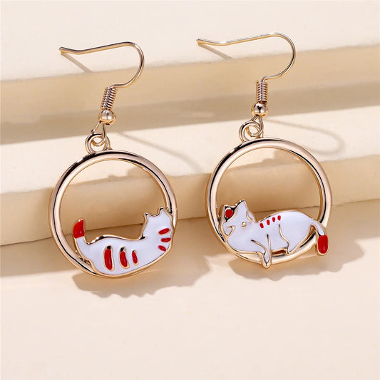 White Cat Round Metal Drop Dangle Earrings