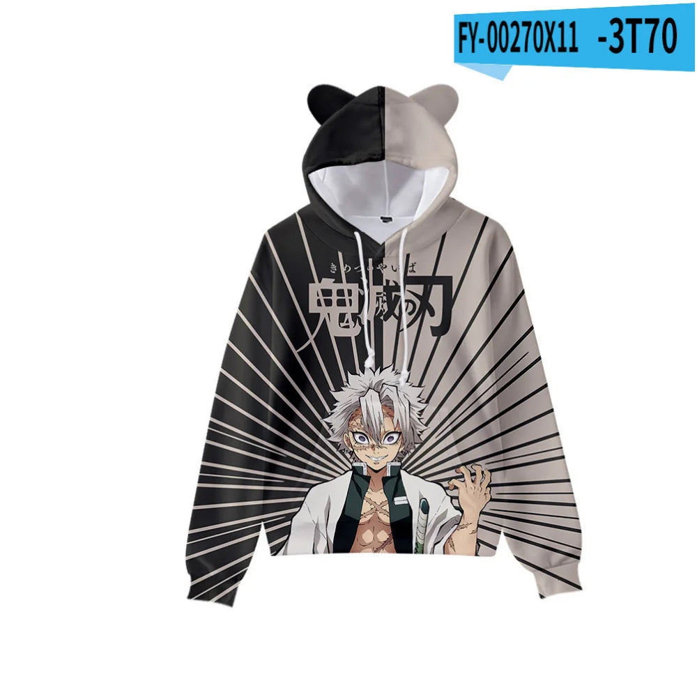 Japan Anime Demon Slayer Print Pullover Cute Cat Ears Hoodies