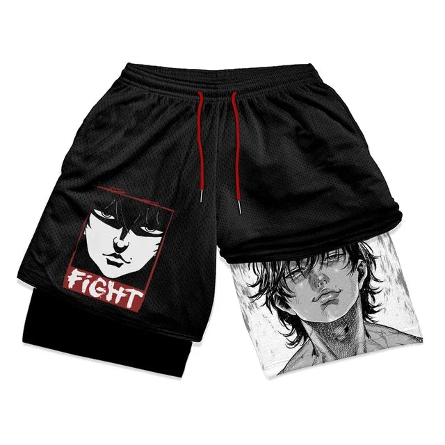 Baki Hanma Anime Gym Workout Shorts for Men Athletic 2 in 1 Compression Shorts Breathable Activewear Fitness Training Running