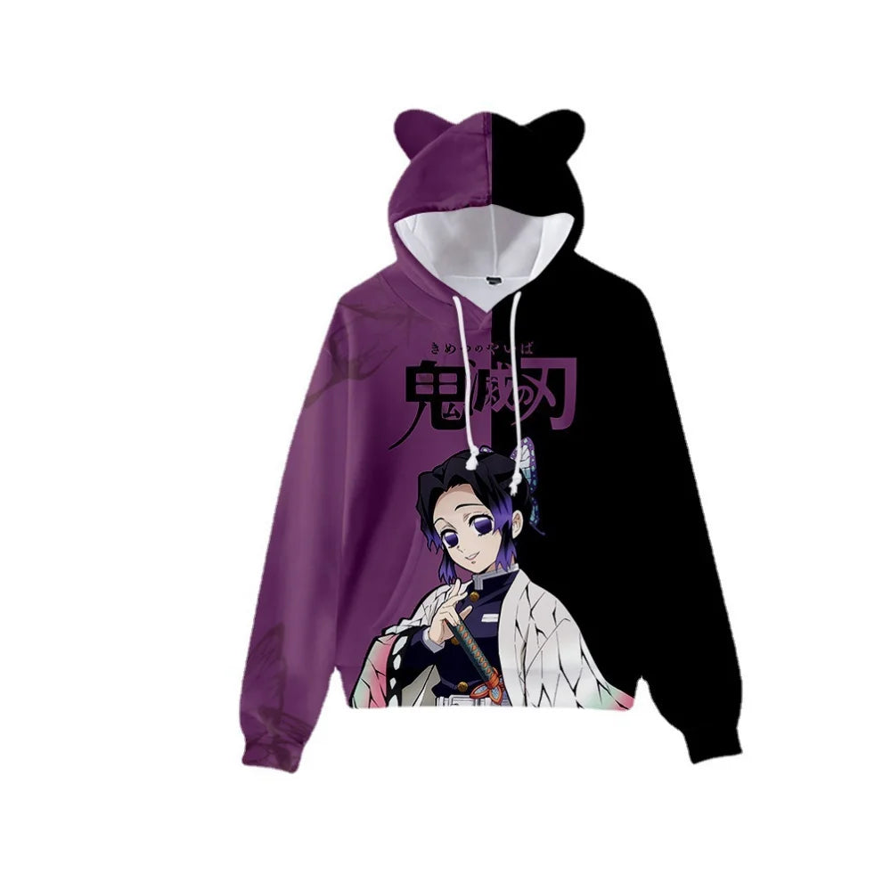 Japan Anime Demon Slayer Print Pullover Cute Cat Ears Hoodies