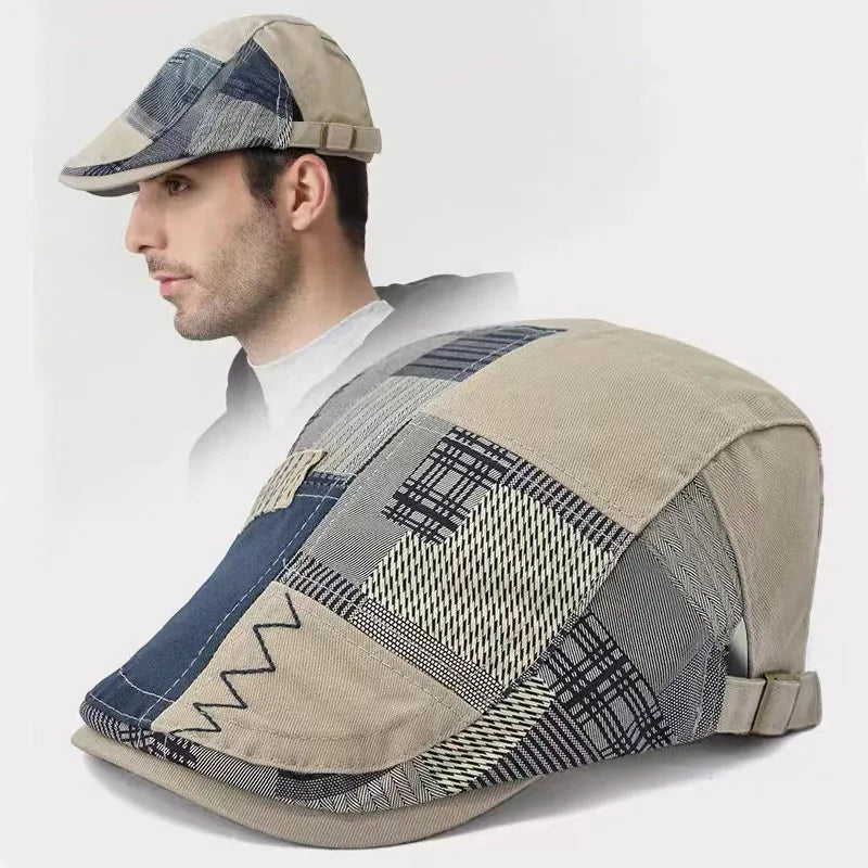 Cotton Beret Men Patchwork Checkered Hat