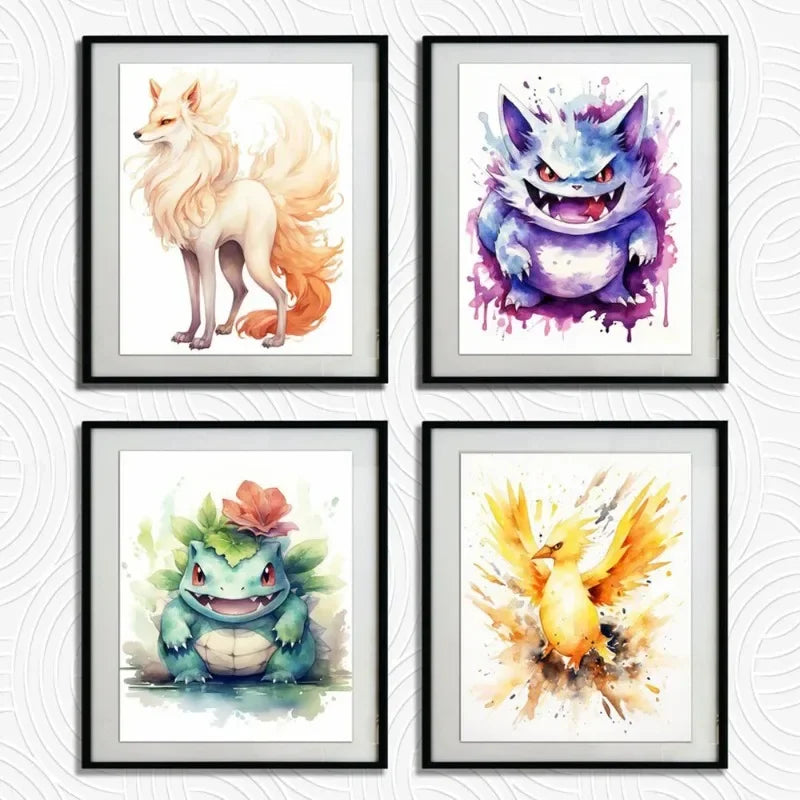 Anime Pokemon Canvas Painting Bulbasaur Charmander Squirtle Poster and Print Watercolor Wall Art