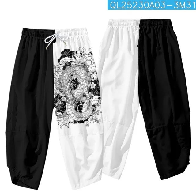 Anime Dragon Printed Black Men Japanese Harem Trousers Casual Elastic Waist Kimono Cropped Pants