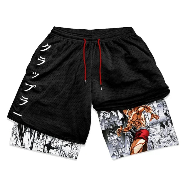 Baki Hanma Anime Gym Workout Shorts for Men Athletic 2 in 1 Compression Shorts Breathable Activewear Fitness Training Running