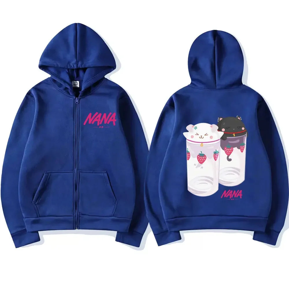 Nana Hachi - Strawberry Graphic Zip Up Hoodies Unisex Harajuku Anime Clothes