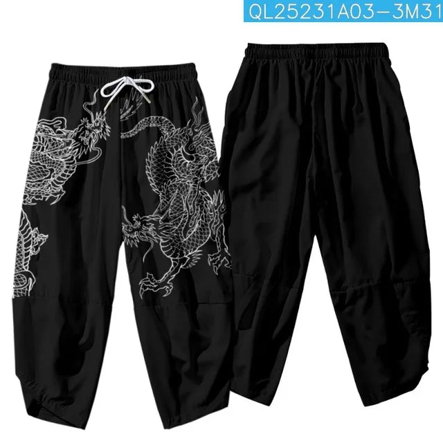 Anime Dragon Printed Black Men Japanese Harem Trousers Casual Elastic Waist Kimono Cropped Pants