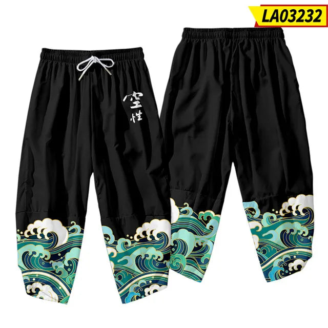 Anime Dragon Printed Black Men Japanese Harem Trousers Casual Elastic Waist Kimono Cropped Pants