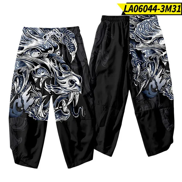 Anime Dragon Printed Black Men Japanese Harem Trousers Casual Elastic Waist Kimono Cropped Pants