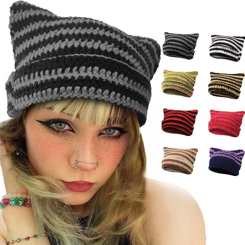 Japanese Beanie Hat for Women Little Devil Striped Knitted Wool Cap Autumn and Winter