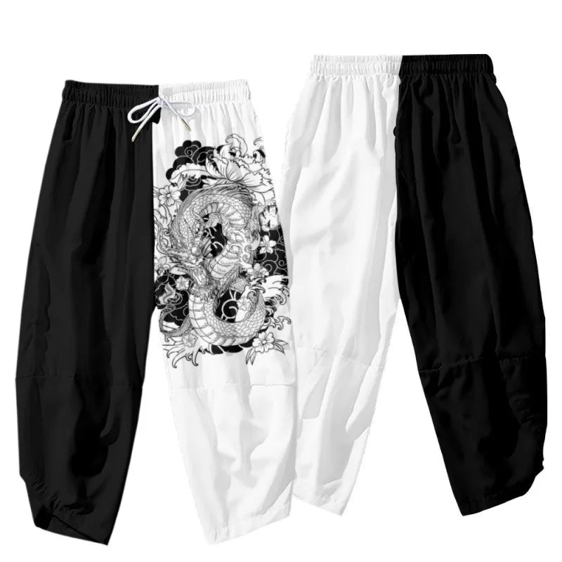 Anime Dragon Printed Black Men Japanese Harem Trousers Casual Elastic Waist Kimono Cropped Pants