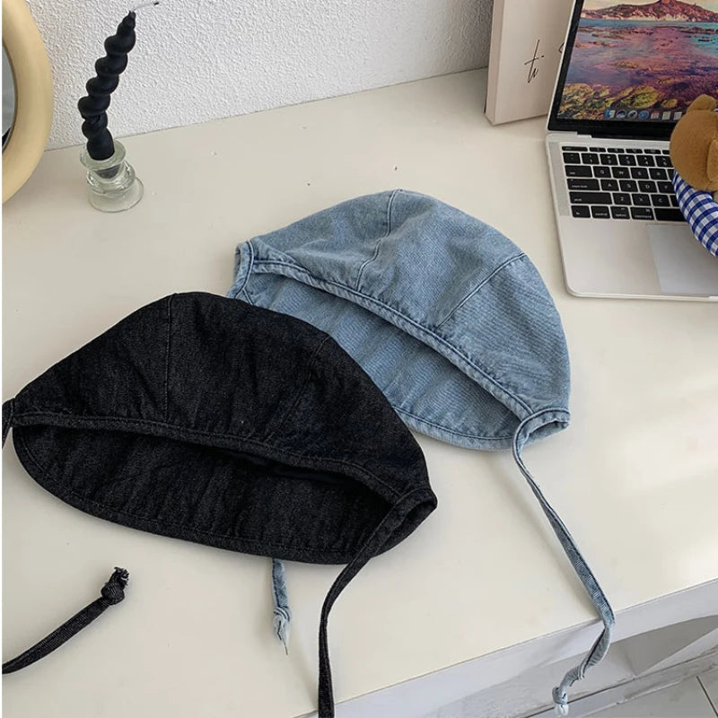 New Japanese and Korean Retro Denim Bucket Hat Fashion Tie