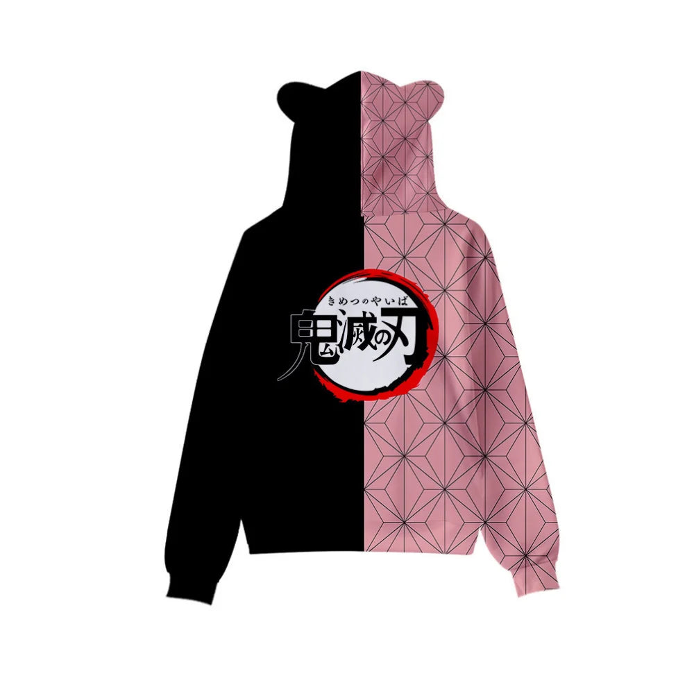 Japan Anime Demon Slayer Print Pullover Cute Cat Ears Hoodies