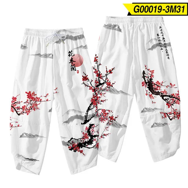 Anime Dragon Printed Black Men Japanese Harem Trousers Casual Elastic Waist Kimono Cropped Pants