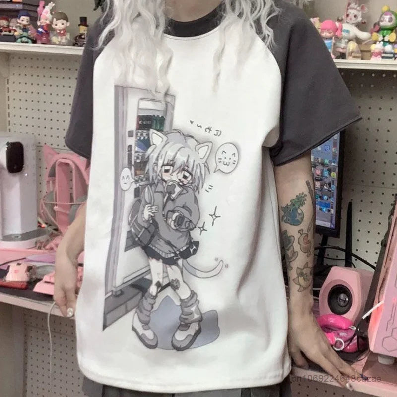 New Y2k Detachable Sleeve T-shirt Kawaii Clothes Anime Cat Print Tops Japanese Harajuku Tshirt E-girl Streetwear Loose Tee