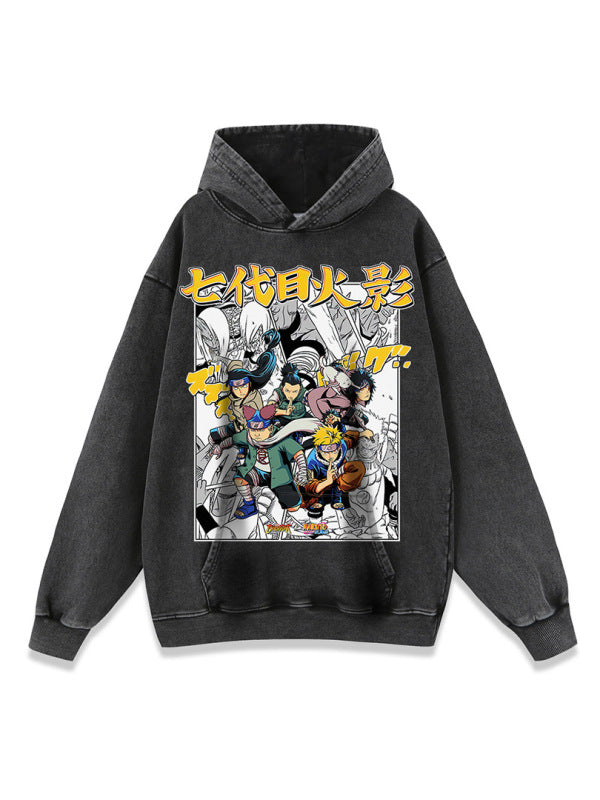 Japanese classic anime print 420g heavy wash aged hooded sweatshirt